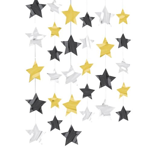 6 Gold, Black & Silver Star String Decoration