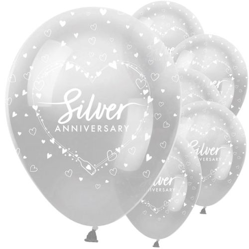 6 x Silver Anniversary Pearlescent Latex Balloons