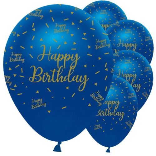6 x Navy & Gold Geode Happy Birthday Latex Balloons