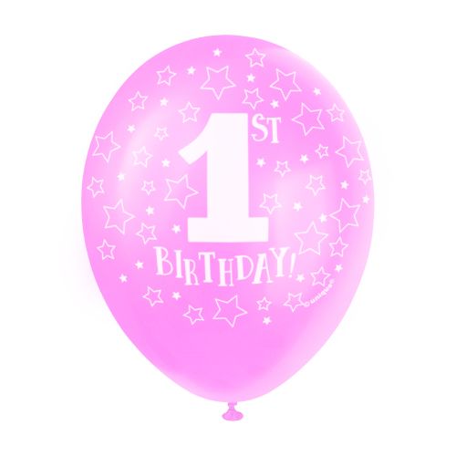 5 x Pink 1st Birthday Latex Balloons