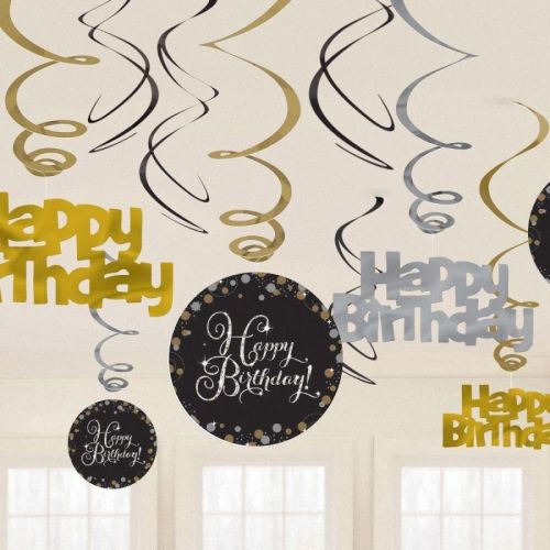 12 x Happy Birthday Gold Celebration Hanging Swirl Decorations