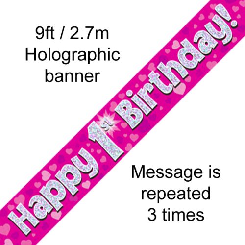 Happy 1st Birthday Pink Holographic Foil Banner