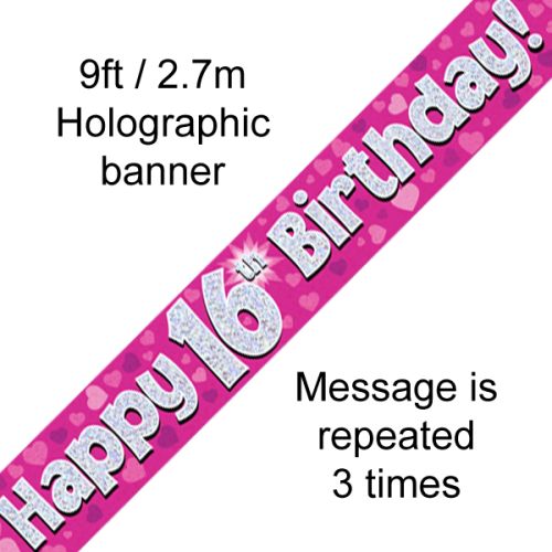 Happy 16th Birthday Pink Holographic Foil Banner