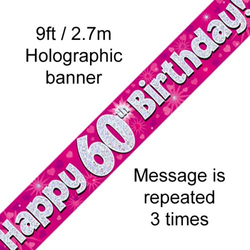 Happy 60th Birthday Pink Holographic Foil Banner
