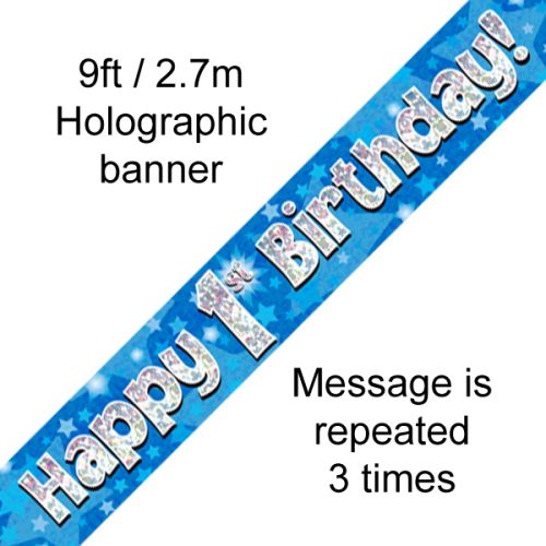 Happy 1st Birthday Blue Holographic Foil Banner