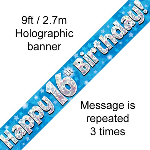 Happy 16th Birthday Blue Holographic Foil Banner