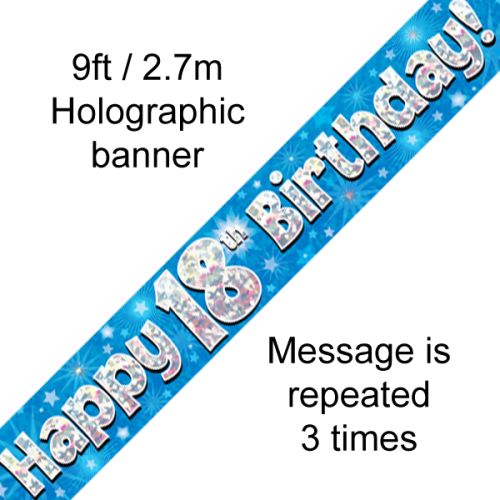 Happy 18th Birthday Blue Holographic foil Banner