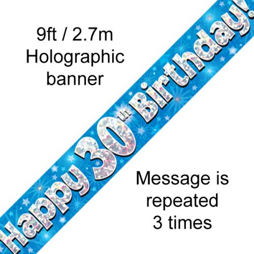 Happy 30th Birthday Blue Holographic Foil Banner