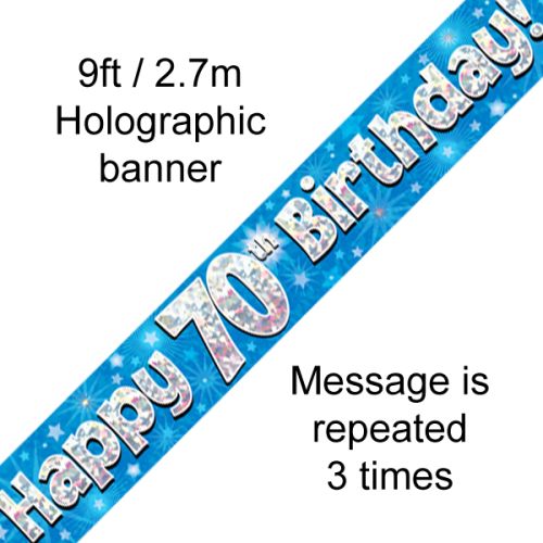 Happy 70th Birthday Blue Holographic Foil Banner