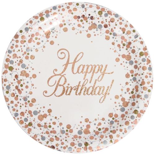 8 x Rose Gold Sparkling Fizz Happy Birthday Plates
