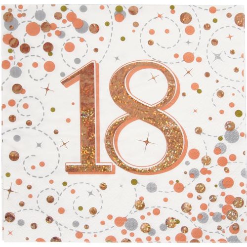 16 x Rose Gold Sparkling Fizz 18th Napkins