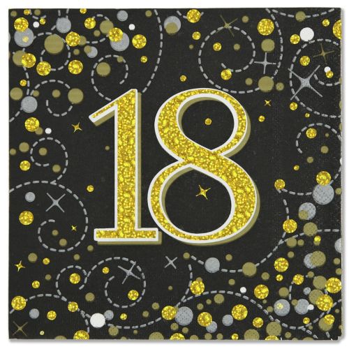 16 x Black & Gold Sparkling Fizz 18th Napkins