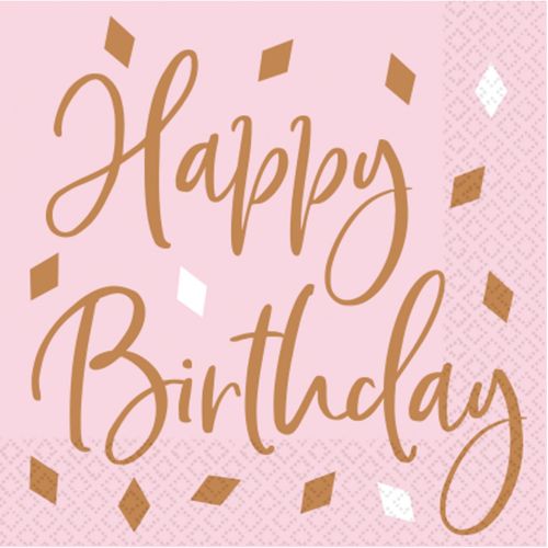 16 x Blush Pink 'Happy Birthday' Printed Lunch Napkin 