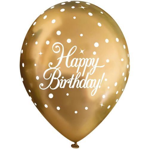 6 x Gold Sparkling Fizz Happy Birthday Latex Balloons