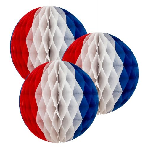 3 x Red, White And Blue Honeycomb Decorations