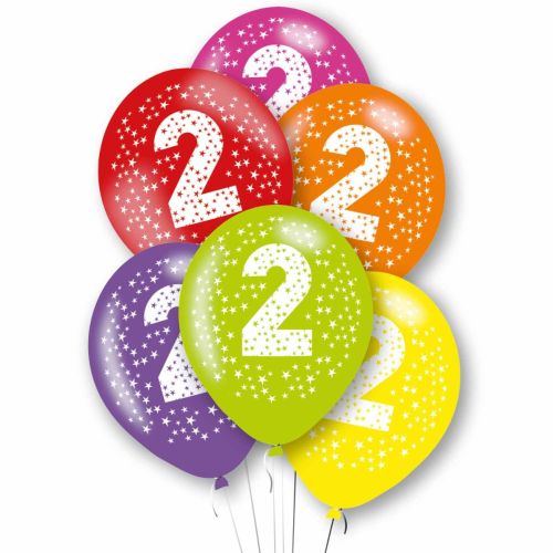 6 x Age 2 Multicoloured Latex Balloons Pack