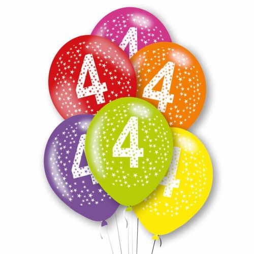 6 x Age 4 Multicoloured Latex Balloons Pack
