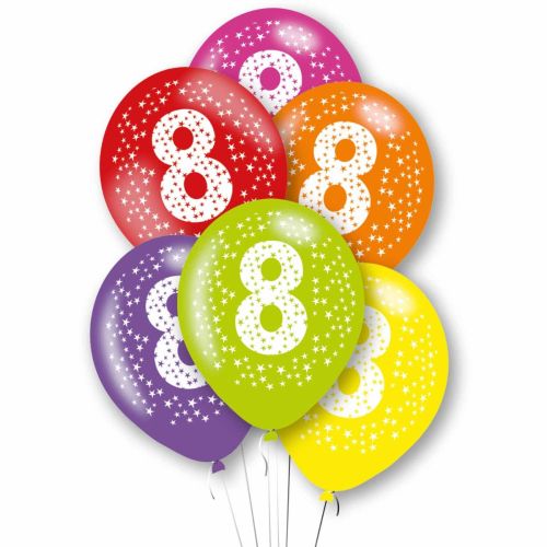 6 x Age 8 Multicoloured Latex Balloons Pack