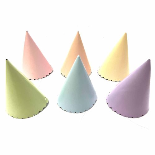 6 x Mixed Pastel Coloured Cone Paper Party Hats