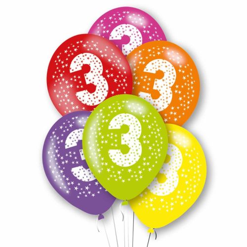 6 x Age 3 Multicoloured Latex Balloons Pack