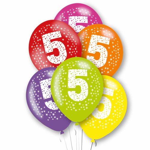6 x Age 5 Multicoloured Latex Balloons Pack