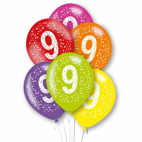 6 x Age 9 Multicoloured Latex Balloons Pack