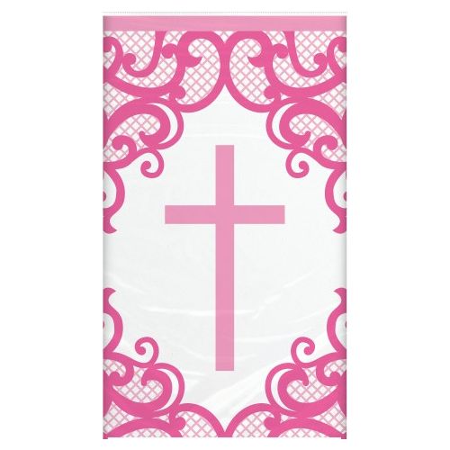 Fancy Pink Religious Cross Tablecover