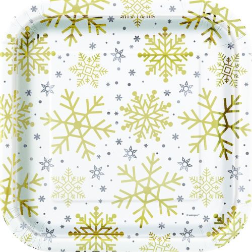 8 x Silver and Gold Snowflake 9" Square Paper Plates