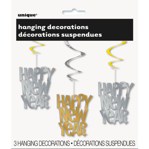 3 x Happy New Year Foil Hanging Swirl Decorations