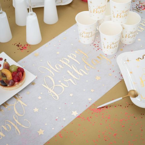 Happy Birthday White & Gold Table Runner 5m Roll