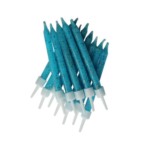 12 x Light Blue Glitter Spiral Candles and Holders