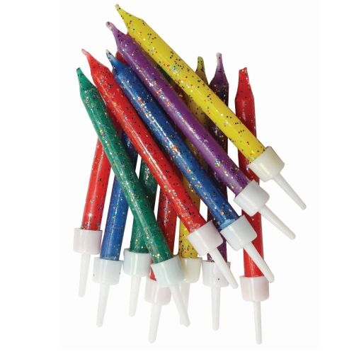 12 x Multicoloured Glitter Candles And Holders