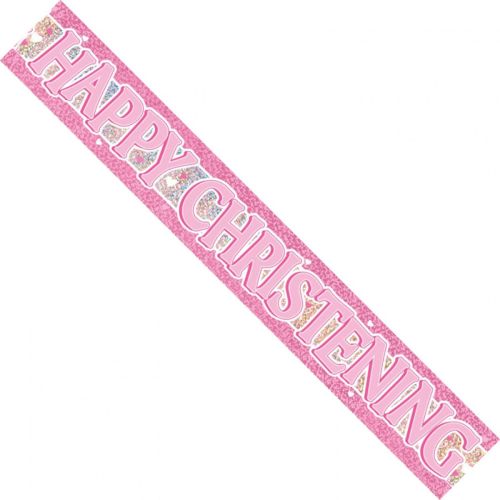 Pink Happy Christening Prismatic Foil Banner