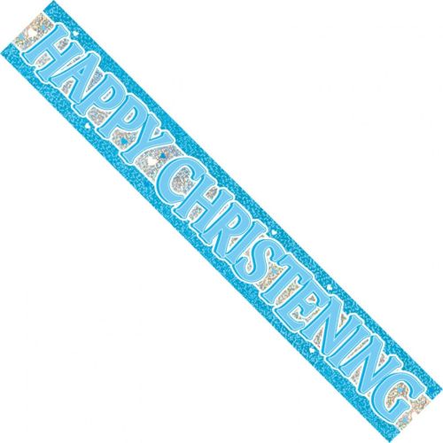 Blue Happy Christening Prismatic Foil Banner