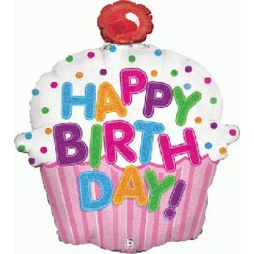 Happy Birthday Cupcake Holographic Supershape Foil Balloon