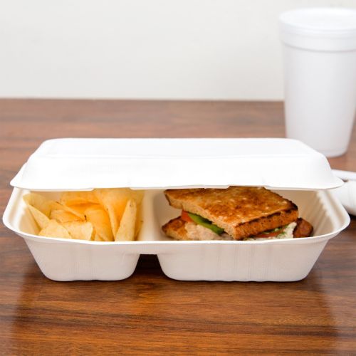 250 x 2 Compartment Biodegradable Bagasse Takeaway Boxes
