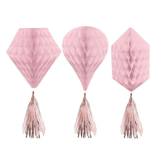 3 x Rose Gold Blush Honeycomb Decorations With Tassels