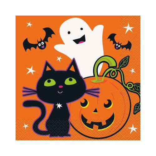 16 Halloween Cat And Pumpkin Orange Napkins