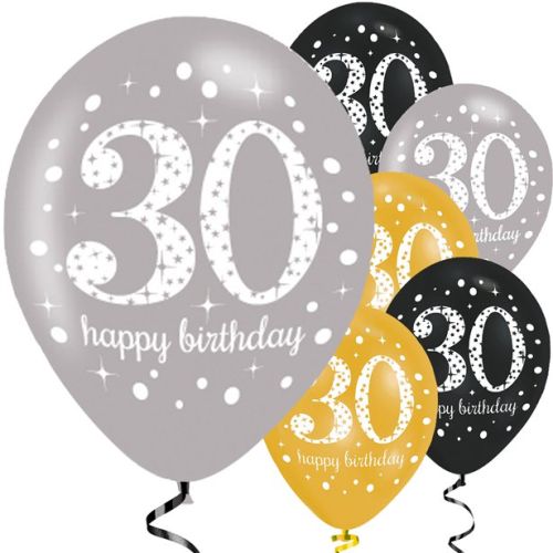 6 x Gold Celebration Latex Birthday Balloons Pack-30th