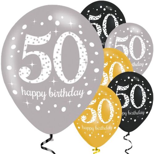 6 x Gold Celebration Latex Birthday Balloons Pack-50th