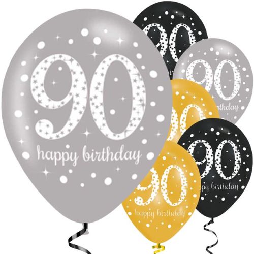 6 x Gold Celebration Latex Birthday Balloons Pack-90th