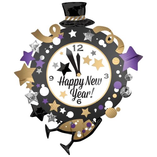 Happy New Year Clock Supershape Foil Balloon
