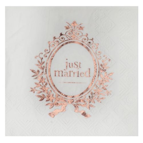 20 Just Married Foil Rose Gold Print Beverage Napkins