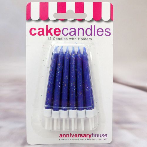 12 x Navy Blue Glitter Candles And Holders