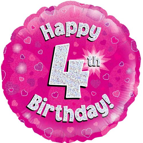 Pink Holographic 4th Birthday Foil Balloon