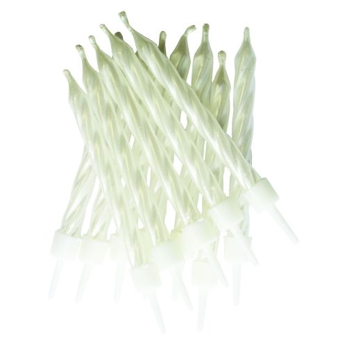 12 x White Pearlescent Spiral Candles and Holders