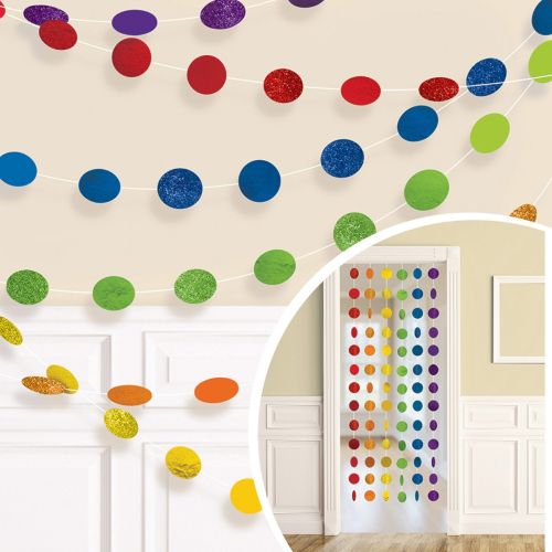 6 Rainbow Glitter Dots String Decorations
