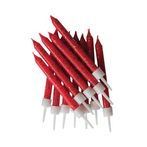 12 x Red Glitter Candles And Holders