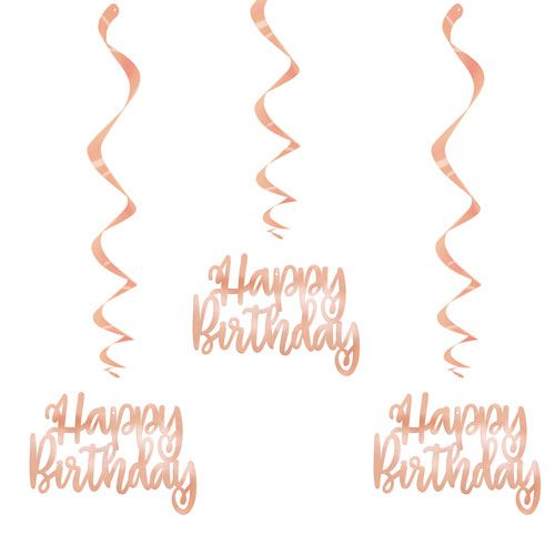 3 x Rose Gold Happy Birthday Hanging Swirl Decorations