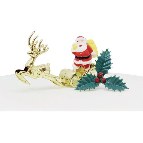 Santa And golden Sleigh Cake Topper And Holly Pick